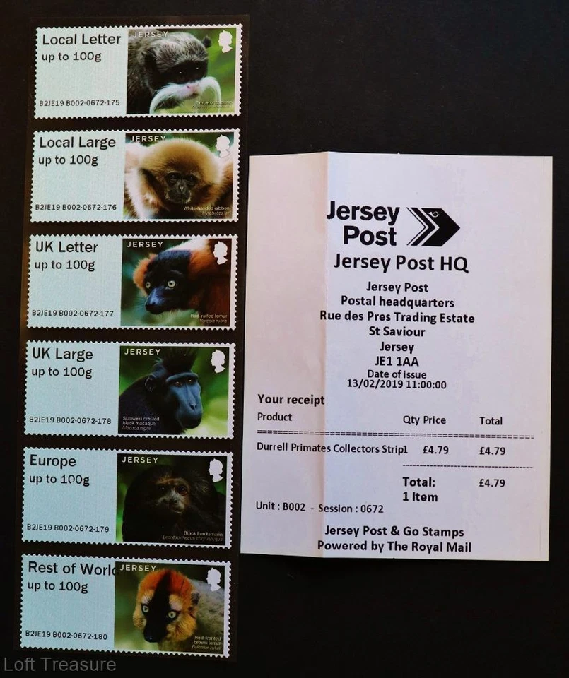 Estampillas de Jersey Post & Go "Durrrell: Saving Primates" MNH 6v tira 175-180 2019 Foto 1 de 1