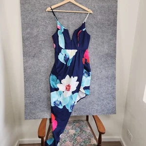 Dotti Dress Womens Size 8 Navy Floral Asymmetrical Formal Evening Party Draped - Picture 1 of 12