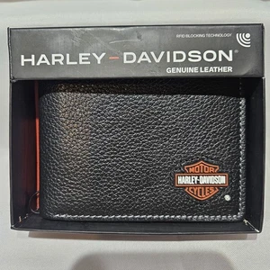 HARLEY DAVIDSON Genuine Black Leather Bifold Wallet Bar & Shield Logo NEW - Picture 1 of 6