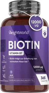Biotin Tabletten - 365 Stück - 12000mcg Vitamin B7 - für Haar Haut Nägel - Vegan - Picture 1 of 2