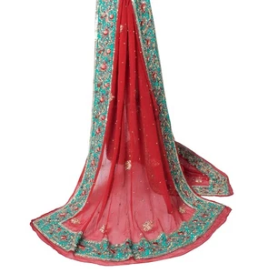 Sushila Vintage Red Wedding Dupatta Pure Chiffon Glass Beads Embellish Stole - Picture 1 of 10