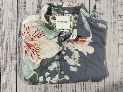 全新男式牛仔和花朵衬衫 S 码纽扣夏威夷。 — 第 1/4 张图片