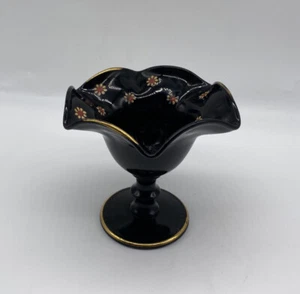 Vintage Hand Painted Flowers Fenton Black Glass Ruffled Pedestal Candy Dish - Picture 1 of 5