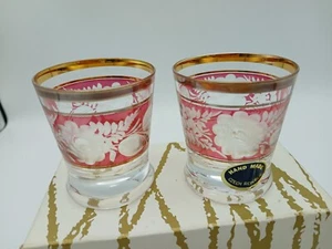 Bohemian Czech Ruby Cut Glass Gold Trim Large Shot Glasses Floral 6.25cm x2 - Picture 1 of 11