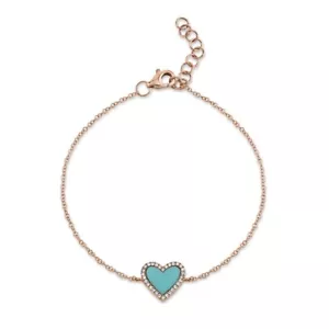 14K Rose Gold Heart Turquoise Diamond Bracelet Charm Womens Natural Love .69CT - Picture 1 of 4