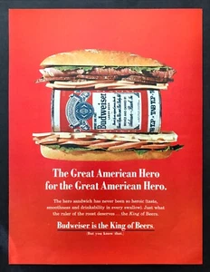 Budweiser lata de cerveza 1969 Sub Hoagie foto ""Gran héroe americano"" anuncio impreso vintage - Imagen 1 de 1