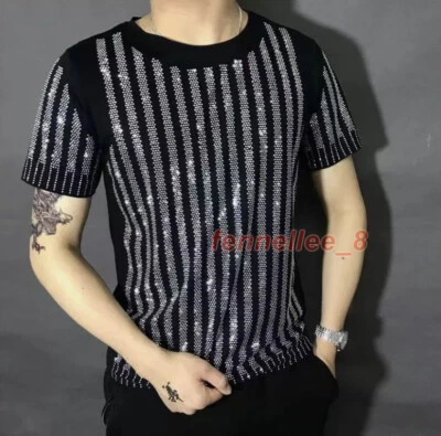 Men Black Blingbling T-Shirt Short Sleeve Rhinestone Striped Sparkle Slim Top - Image 1 of 4