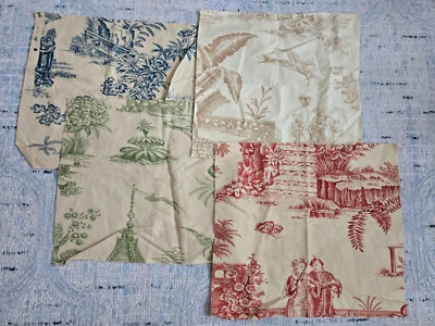 Toile style Japanese print Linen Drapery Fabric Sample lot of 4 - Image 1 of 4