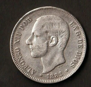 ESPAGNE 5 PESETAS 1882 erreur  (18-81) MS. .M.- acunado sobre 1881- Argent RARE - Bild 1 von 4