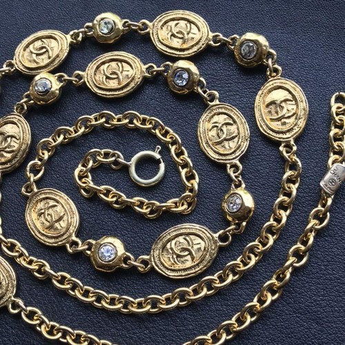 Collana Oro Vintage Chanel CC Logo Strass Trasparenti Usata Dal Giappone