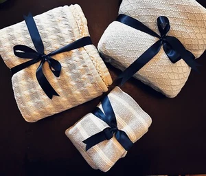 3 Pottery Barn Kids Knitted Blankets Grey White Striped Cable Knit Blue Sherpa - Picture 1 of 23