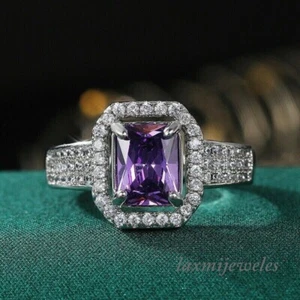 14K White Gold Finish Radiant Cut 2.25CT Real Amethyst Engagement Wedding Ring - Picture 1 of 7