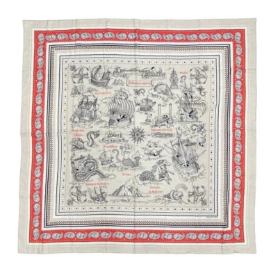 [Rank S] HERMES Carre 140 TATOUAGES MARINS Cashmere Silk Scarf White x Red Japan - Image 1 of 4