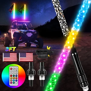 2PC 3FT Fat Whip Light with Flags Spiral RGB LED Whip Lights with Remote Control - Picture 1 of 24