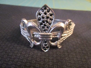 Fleur De Lis Fashion Jewelry Cuff Bracelet, Black & Clear Rhinestones - Picture 1 of 6