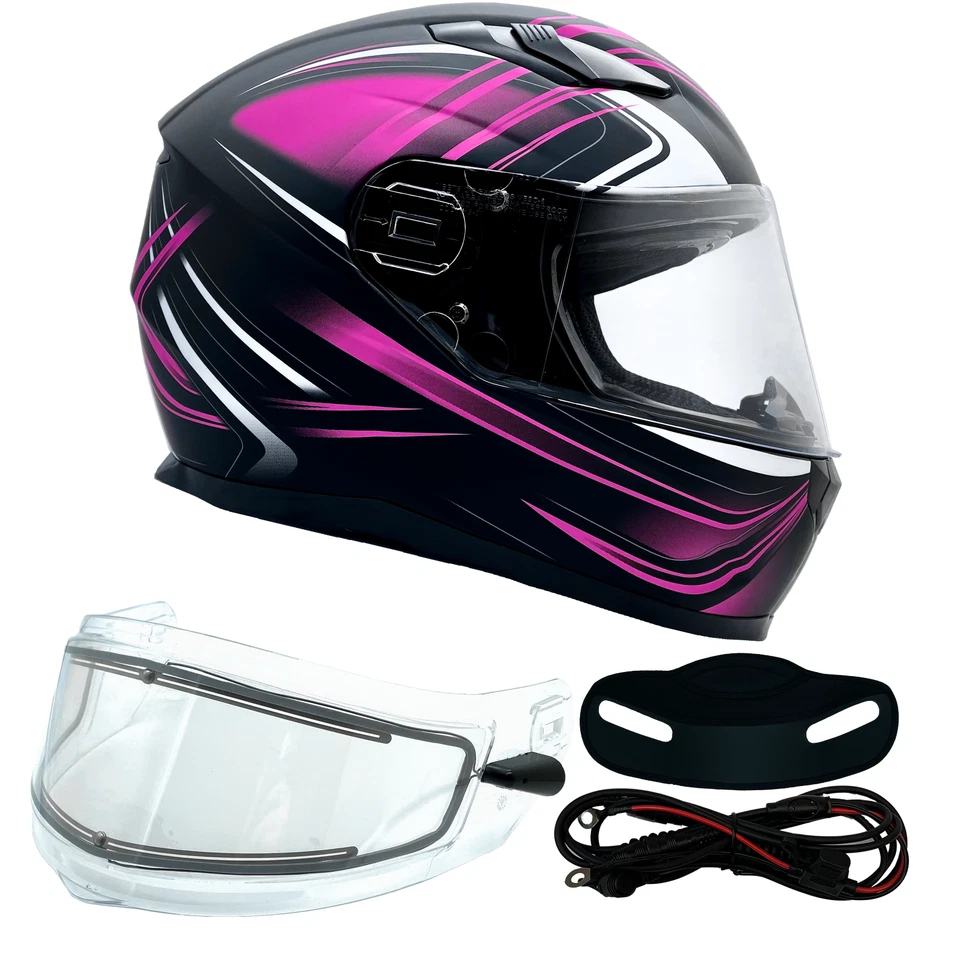 Casco de moto de nieve rosa cara completa lente doble protector térmico visera solar retráctil Foto 1 de 4
