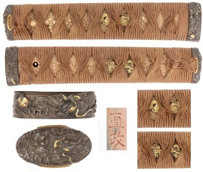 Antigua espada samurai japonesa con mango Tsuka dragón Fuchi Kashira Menuki Koshirae Foto 1 de 4