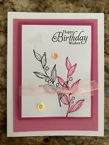 Karten 4er Set Stampin Up GEBURTSTAG poliert rosa Aquarell Blätter - Bild 1 von 4