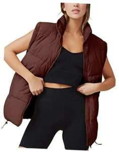 Womens Zip Up Puffer Vest Stand Collar Sleeveless Padded Jacket Medium Brown - Picture 1 of 7