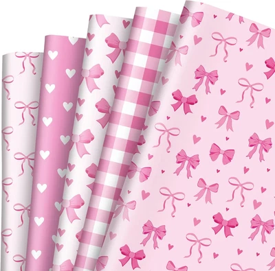 10张粉红色蝴蝶结包装纸-卷-圣诞格子心形蝴蝶结礼品包装P... — 第 1/4 张图片