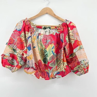 Blusa corta Rachel Zoe estampado tropical con volantes pequeña roja Granja aspecto Rio Foto 1 de 4