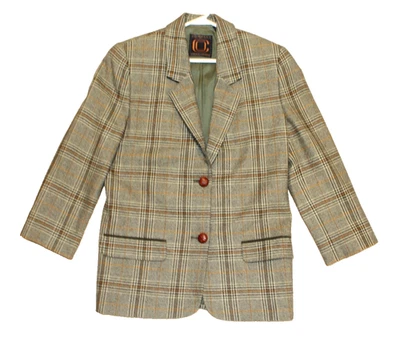 COMPANY ELLEN TRACY PLAID WOOL PLAID BLAZER JACKET 2 WOVEN LEATHER SHANK BUTTONS - Image 1 of 4