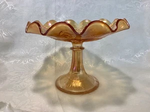CARNIVAL CRYSTAL GLASS MARIGOLD TALL STEMMED HANDKERCHIEF EDGED COMPORT - Bild 1 von 8