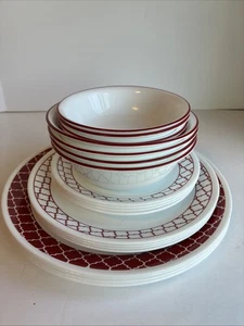 Corelle Crimson Trellis Red 20 Pc Dinner Salad Bread Plates Cereal Dessert Bowls - Picture 1 of 17