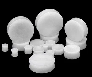 PAIR-Stone Quartz Snow White Saddle Flare Ear Plugs 03mm/8 Gauge - Picture 1 of 4