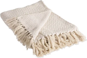 Modern Zig Zag Woven Cotton Throw Blanket with Fringe, 50x60, Natural - Picture 1 of 7