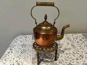 Antique Copper And Brass Teapot With Brass Trivet - Picture 1 of 12