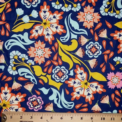 Folk-Art Style Floral Fabric Navy Bold Colors Yellow Orange Quilt Cotton 45x21 - Image 1 of 4