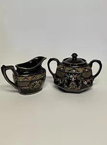 English Cream and Sugar Bowl With Lid Black Floral Hand-Painted Service Set VTG - Picture 1 of 5