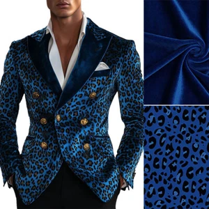 Blue Leopard Print Men's Velvet Coat Peak Lapel Double Breasted Party Jackets - Picture 1 of 9