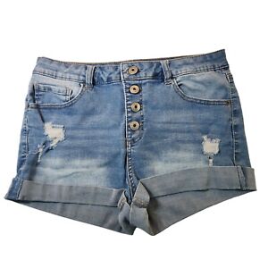No Boundaries Medium Wash Button Up Highrise Denim Jean Shorts Size 13 Pockets