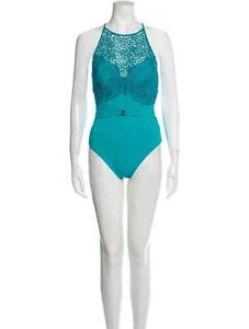 Auth NWT Ermanno SCERVINO Turquoise SWIMSUIT with EMBROIDERED Lace ACCENT - Picture 1 of 4