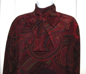 Linda Allard for Ellen Tracy Blouse Pullover Pussy-bow Wine-Paisley Long-slv Wm8 - Picture 1 of 12