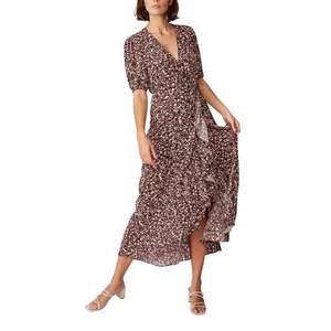 Midikleid Baumwolle auf Blumen Rüschen Wickel Größe L braun rosa weiß Boho - Bild 1 von 9