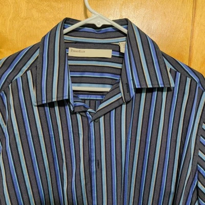 Camisa masculina Perry Ellis Portfolio listra azul com botões, tamanho L 17 34/35 - Imagem 1 de 4