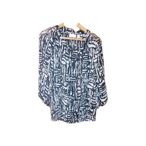 Chico's Womens Size 2 Large Black White Roll Tab Long Sleeves Sheer Blouse Top - Picture 1 of 9