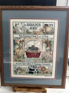 Dimensions Noah’s Arc And Animals Cross Stitch Complete Framed 15x18 Vintage - Bild 1 von 5