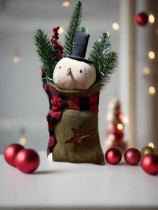 Primitive Handcrafted Christmas 9" Snowman Head in Green Burlap Bag - Picture 1 of 4