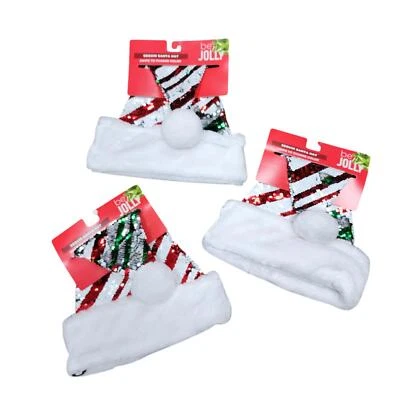 Sombrero de Papá Noel de lentejuelas con adornos de piel sintética disfraz de vacaciones de Navidad rojo verde blanco paquete de 3 Foto 1 de 4