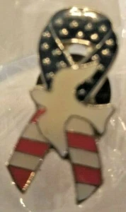 WHITE DOVE OVER RED/WHITE/BLUE RIBBON COMMEMORATIVE PIN - Picture 1 of 2