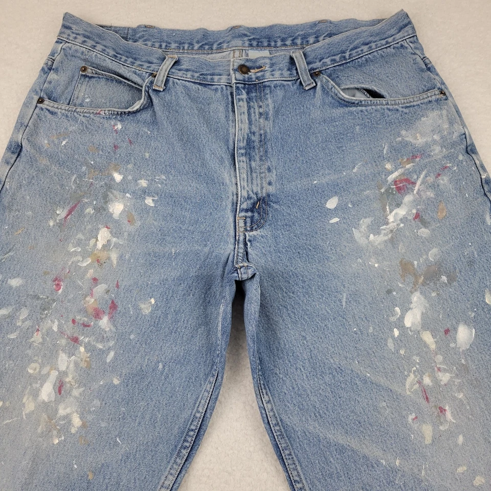 Brittania 牛仔裤男式 38x29 蓝色油漆飞溅休闲版型牛仔复古 90 年代 — 第 1/4 张图片