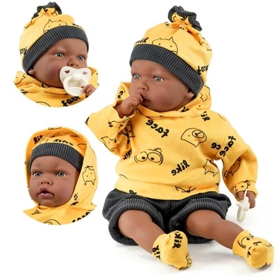 Baby Black Doll Boy Brown Eyes Soft Body Yellow Outfit Sound Dummy 18" BiBi Doll - Image 1 of 4