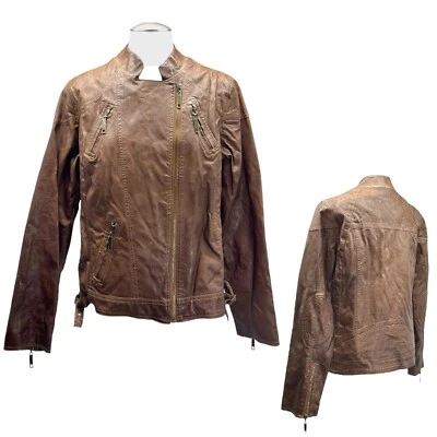 Vintage Y2K JOU JOU Womens M Faux Leather Moto Jacket Lined Quilted BROWN NWOT - Image 1 of 4