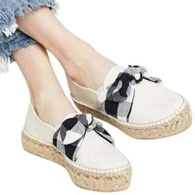Loeffler Randall Rowen Canvas Gingham Bow Cream Espadrille Platform Size 38 - Image 1 of 4
