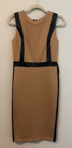 NY&C Women’s Camel Black Faux Leather Trim Sheath Dress XS Sleeveless Bodycon - Picture 1 of 5