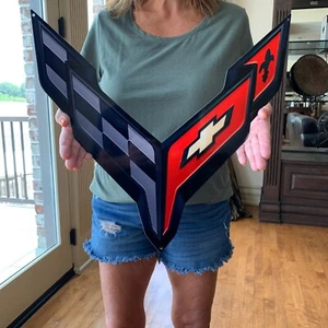 C8 Corvette BLACK Crossed Flag Wall Emblem Large Metal Art Full 20" by 19" 2020 - Picture 1 of 6